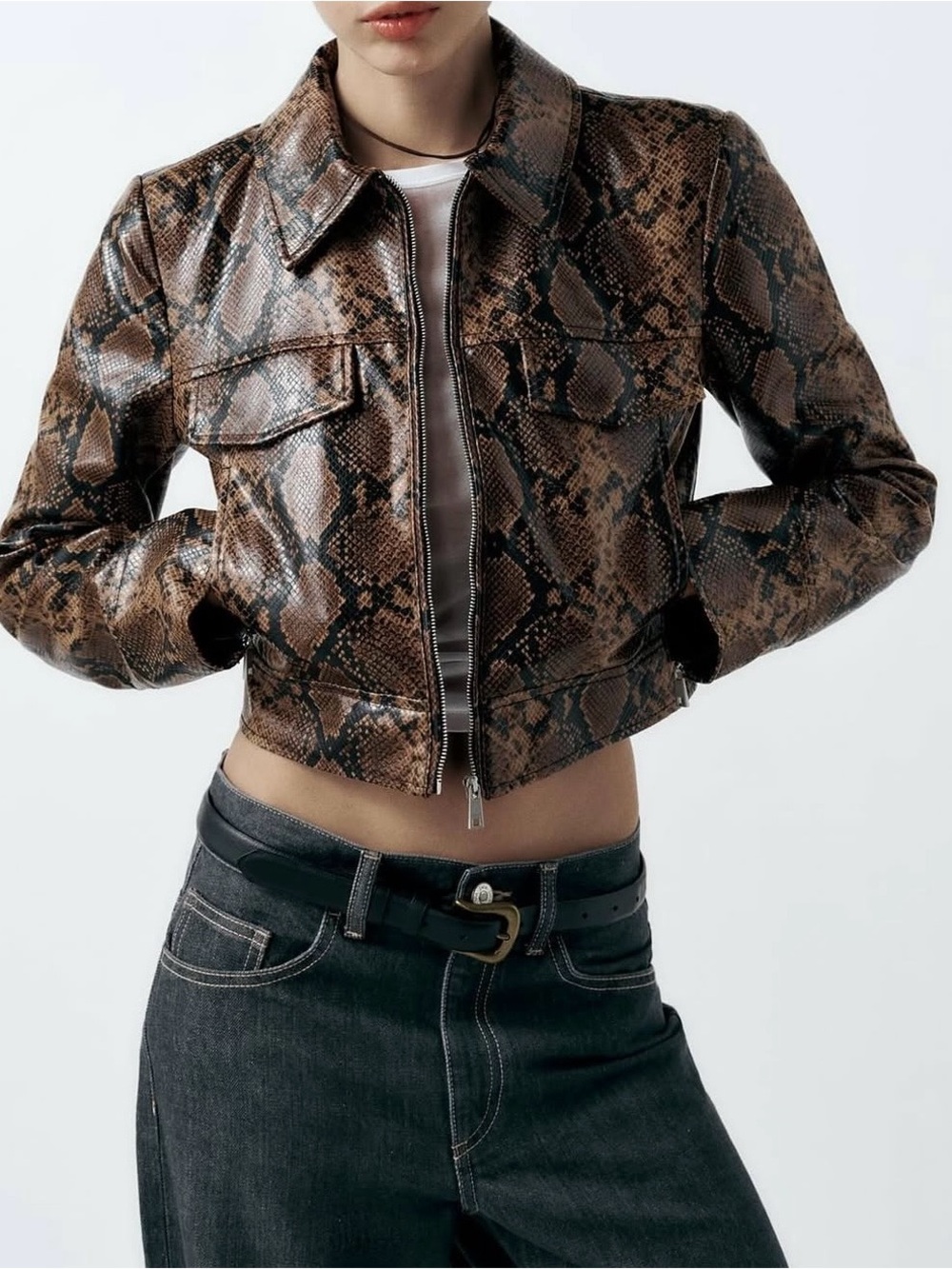 Zara Cropped Snake-Print Faux Leather Jacket in Brown